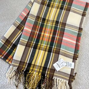 NWT J. Crew Multicolor Plaid Fringe Scarf — Brown, Cream, Mint & Coral 78 x 24